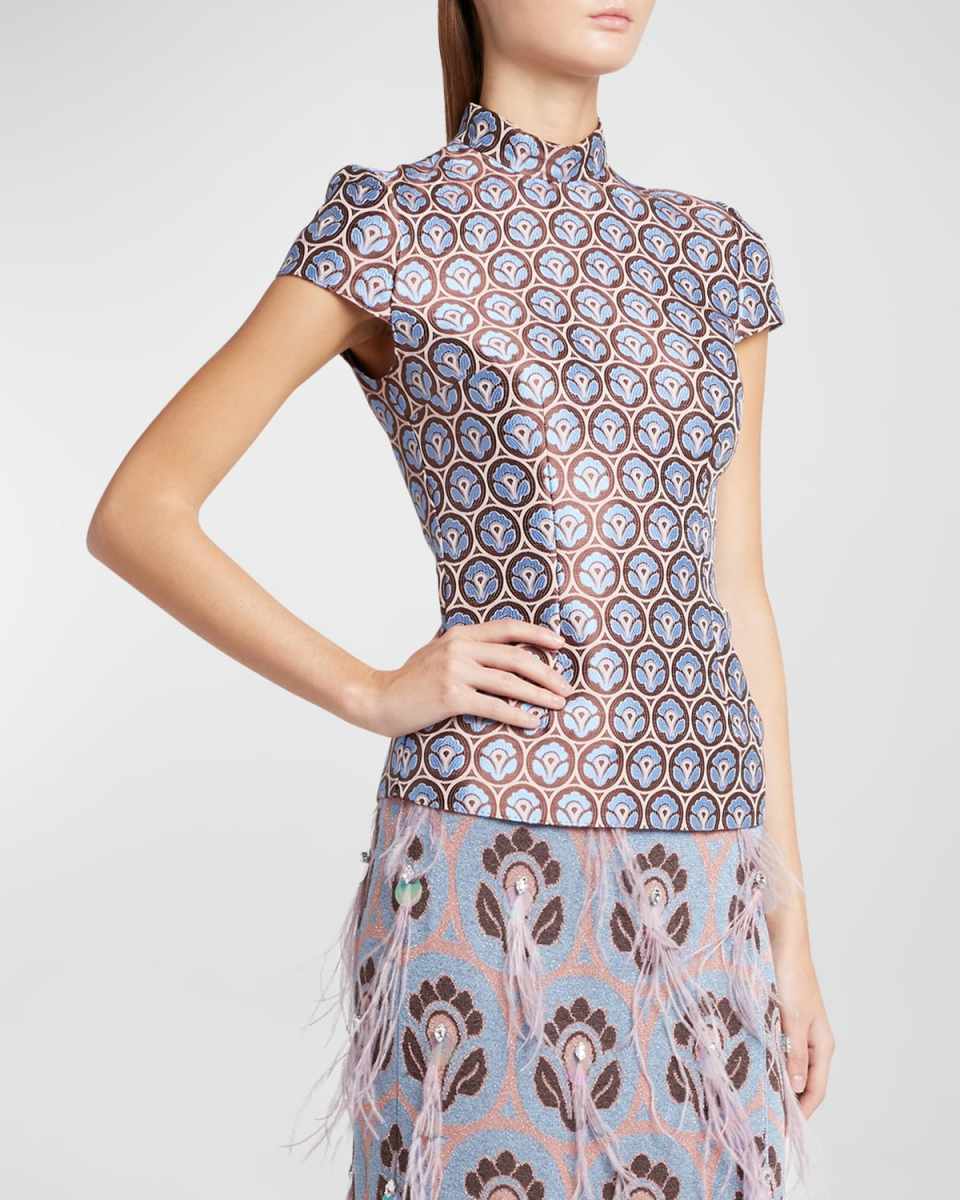 Mock-Neck Cap-Sleeve Brocade Top